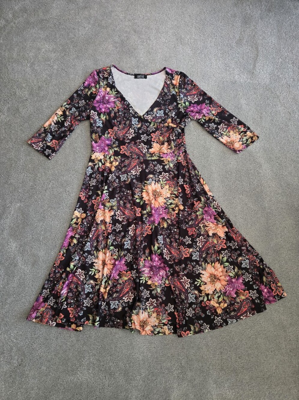 Floral Print 3/4 Length Sleeve Dress - Black with Multi-Color Blooms